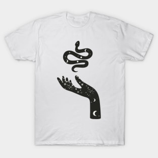 Crescent Moon and Snake With Moon Phases and Wild Flowers Held By Celestial Hand T-Shirt
